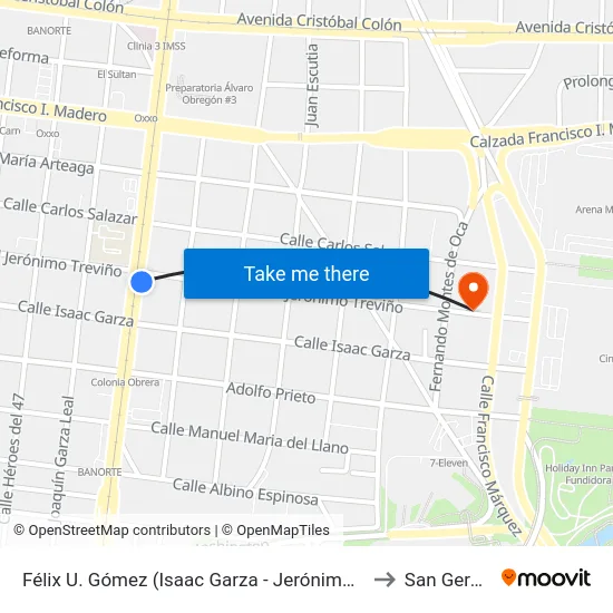 Félix U. Gómez (Isaac Garza - Jerónimo Treviño) to San Gerardo map