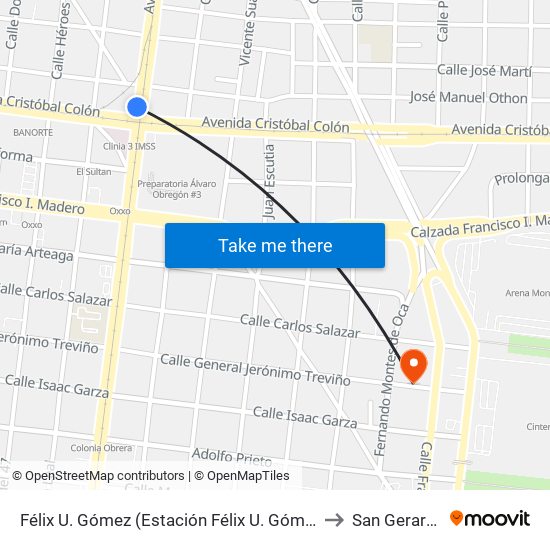 Félix U. Gómez (Estación Félix U. Gómez) to San Gerardo map