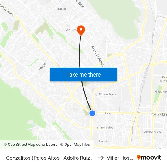 Gonzalitos (Palos Altos - Adolfo Ruíz Cortines) to Miller Hospital map