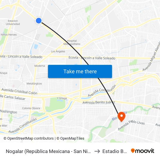 Nogalar (República Mexicana - San Nicolás) to Estadio Bbva map