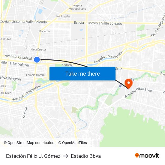 Estación Félix U. Gómez to Estadio Bbva map