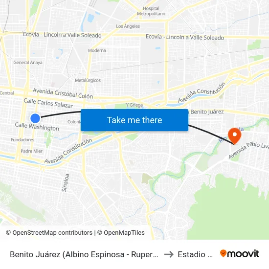 Benito Juárez (Albino Espinosa - Ruperto Martínez) to Estadio Bbva map