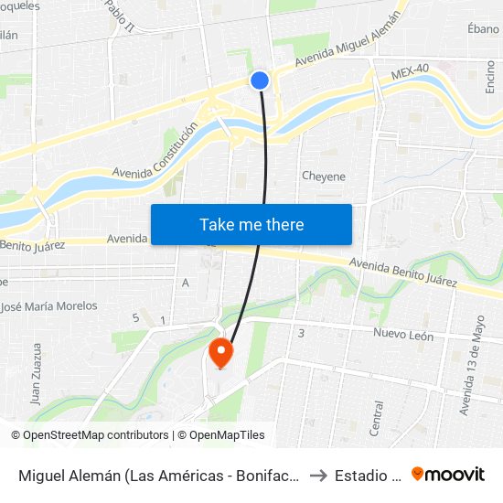 Miguel Alemán (Las Américas - Bonifacio Salinas Leal) to Estadio Bbva map