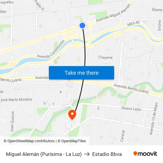 Miguel Alemán (Purísima - La Luz) to Estadio Bbva map