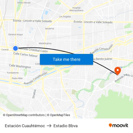 Estación Cuauhtémoc to Estadio Bbva map