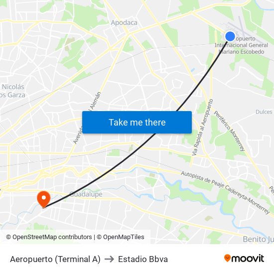 Aeropuerto (Terminal A) to Estadio Bbva map