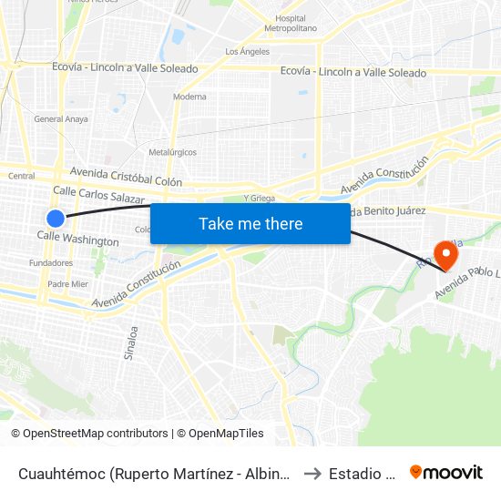 Cuauhtémoc (Ruperto Martínez - Albino Espinoza) to Estadio Bbva map