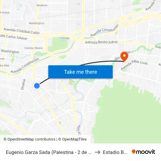 Eugenio Garza Sada (Palestina - 2 de Abril) to Estadio Bbva map