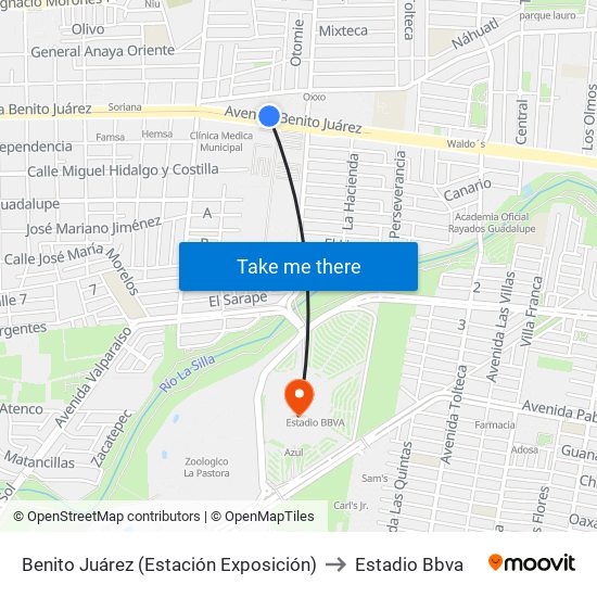 Benito Juárez (Estación Exposición) to Estadio Bbva map