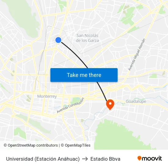 Universidad (Estación Anáhuac) to Estadio Bbva map