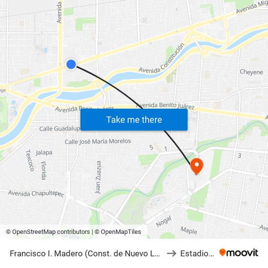 Francisco I. Madero (Const. de Nuevo León - Churubusco) to Estadio Bbva map