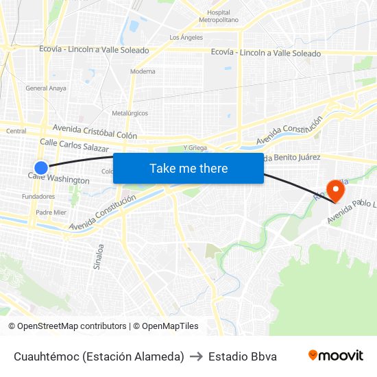 Cuauhtémoc (Estación Alameda) to Estadio Bbva map
