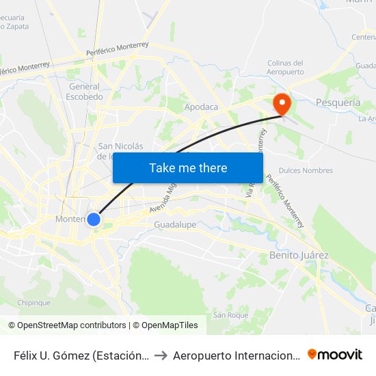 Félix U. Gómez (Estación Félix U. Gómez) to Aeropuerto Internacional de Monterrey map