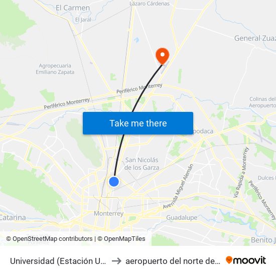 Universidad (Estación Universidad) to aeropuerto del norte de Monterrey map