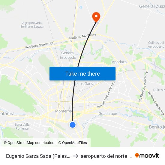Eugenio Garza Sada (Palestina - 2 de Abril) to aeropuerto del norte de Monterrey map