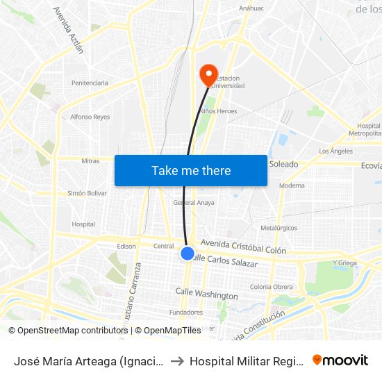 José María Arteaga (Ignacio López Rayón - Pino Suárez) to Hospital Militar Regional de Especialidades map