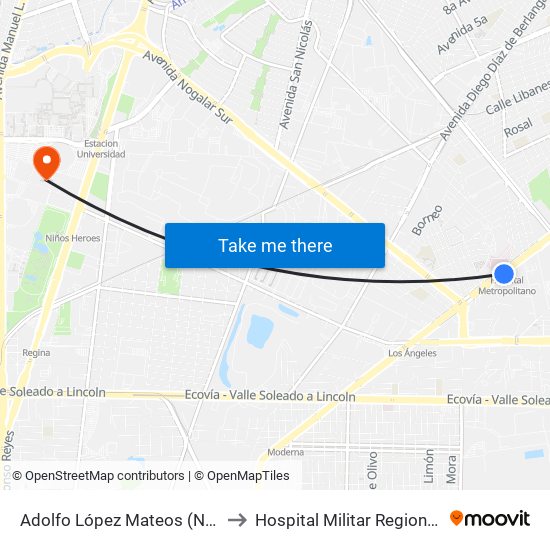 Adolfo López Mateos (Nogalar - Línea de Gas) to Hospital Militar Regional de Especialidades map