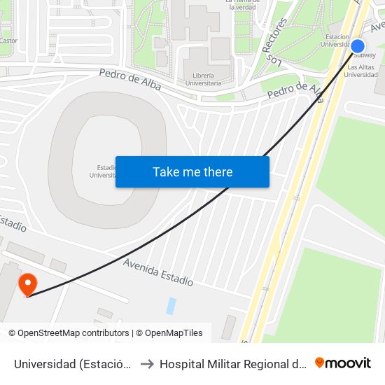 Universidad (Estación Universidad) to Hospital Militar Regional de Especialidades map