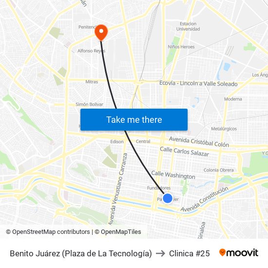 Benito Juárez (Plaza de La Tecnología) to Clinica #25 map