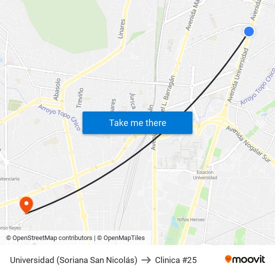 Universidad (Soriana San Nicolás) to Clinica #25 map