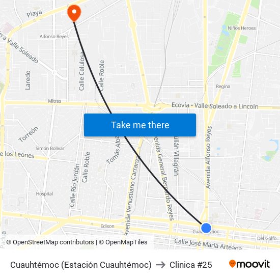 Cuauhtémoc (Estación Cuauhtémoc) to Clinica #25 map