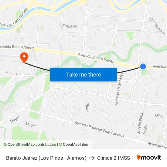 Benito Juárez (Los Pinos - Álamos) to Clinica 2 IMSS map