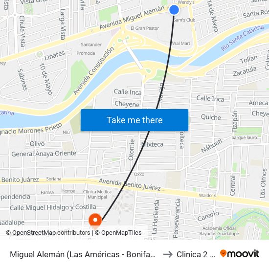 Miguel Alemán (Las Américas - Bonifacio Salinas Leal) to Clinica 2 IMSS map