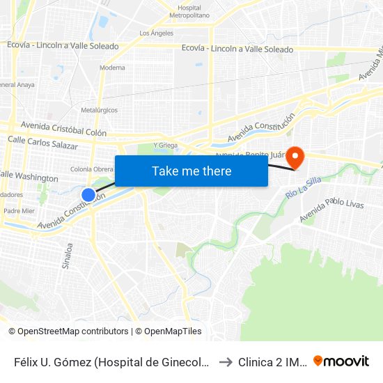 Félix U. Gómez (Hospital de Ginecología) to Clinica 2 IMSS map