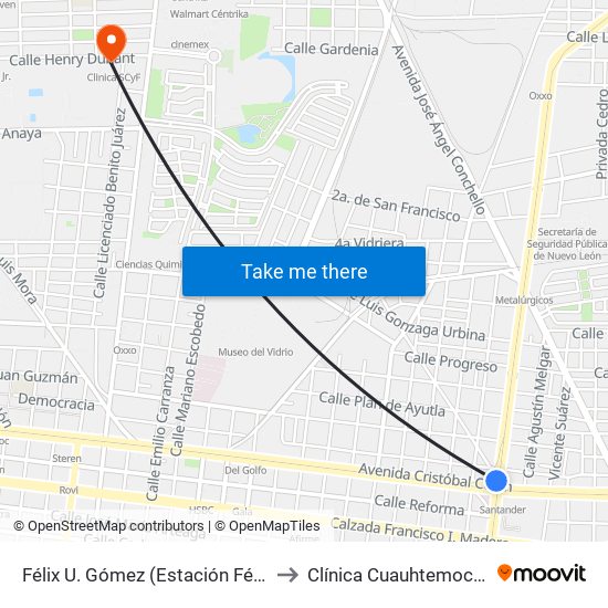 Félix U. Gómez (Estación Félix U. Gómez) to Clínica Cuauhtemoc y Famosa map