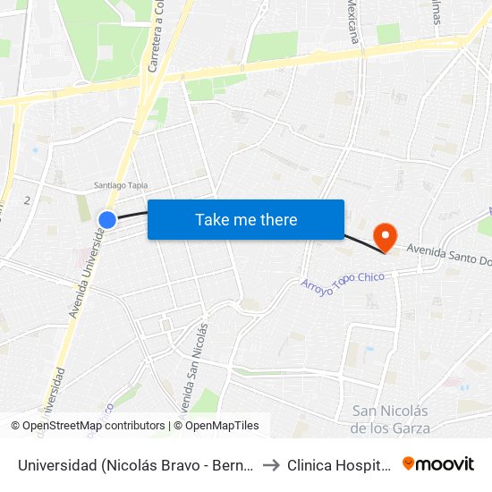 Universidad (Nicolás Bravo - Bernardo Reyes) to Clinica Hospital OCA map