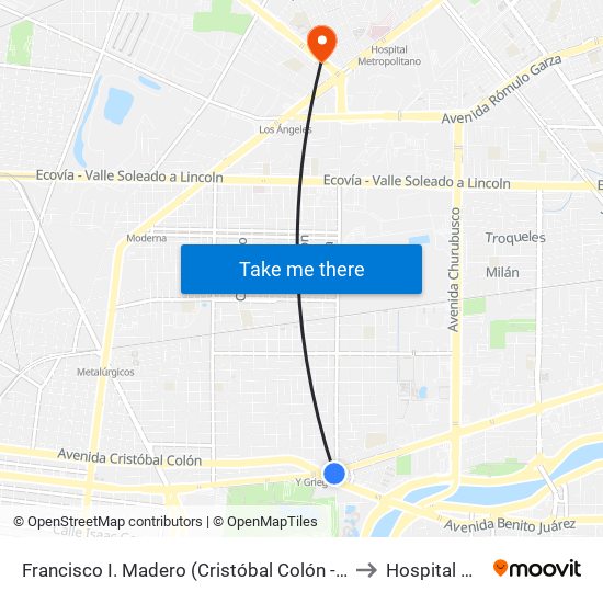 Francisco I. Madero (Cristóbal Colón - Antonio Villarreal) to Hospital Nogalar map