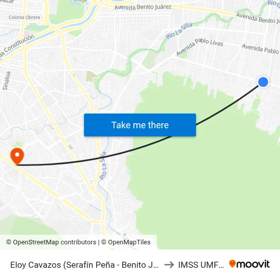 Eloy Cavazos (Serafín Peña - Benito Juárez) to IMSS UMF 36 map