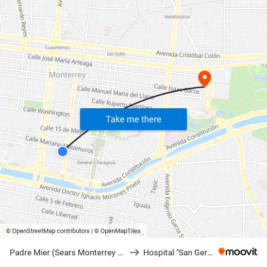 Padre Mier (Sears Monterrey Centro) to Hospital "San Gerardo" map