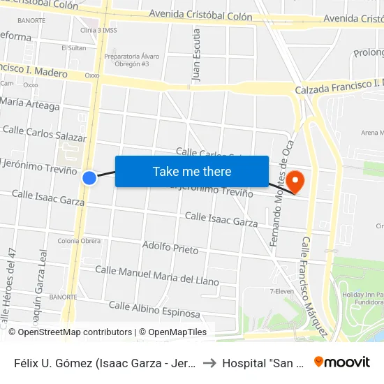 Félix U. Gómez (Isaac Garza - Jerónimo Treviño) to Hospital "San Gerardo" map