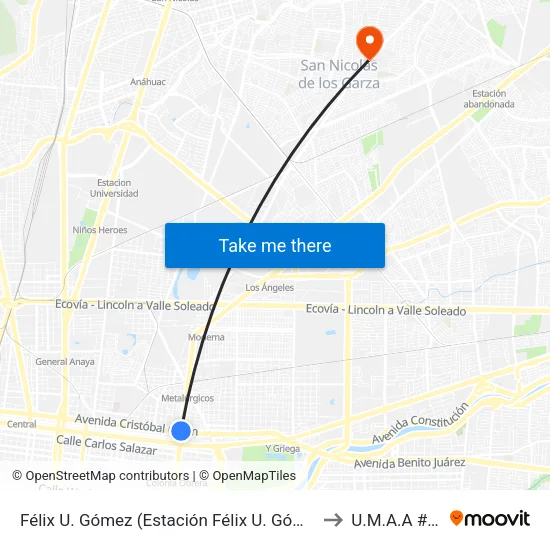 Félix U. Gómez (Estación Félix U. Gómez) to U.M.A.A #65 map