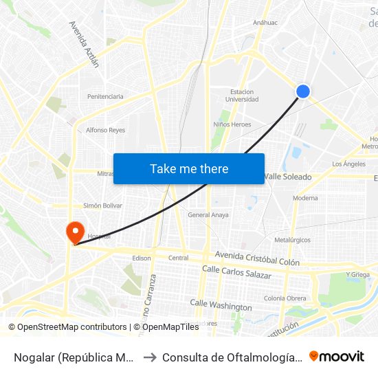 Nogalar (República Mexicana - San Nicolás) to Consulta de Oftalmología (Hospital Universitario) map