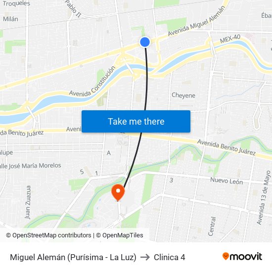 Miguel Alemán (Purísima - La Luz) to Clinica 4 map