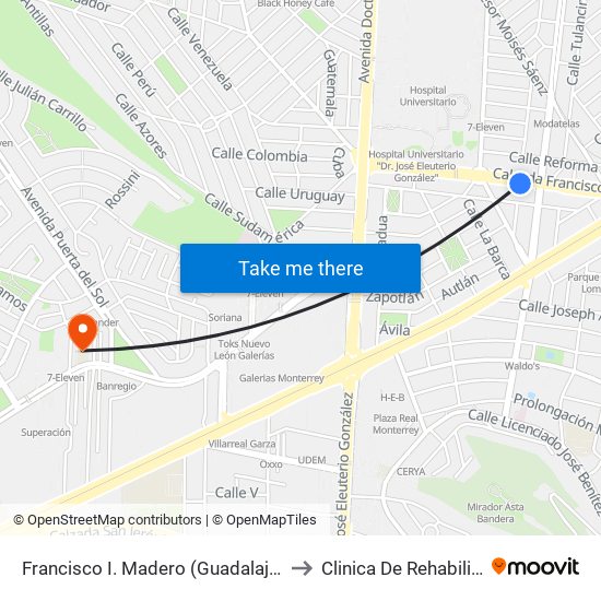Francisco I. Madero (Guadalajara - Simón Bolívar) to Clinica De Rehabilitacion Fisica map