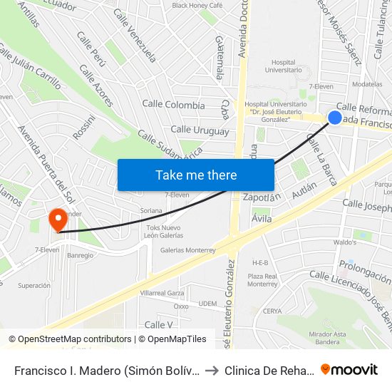 Francisco I. Madero (Simón Bolívar - Eduardo Aguirre Pequeño) to Clinica De Rehabilitacion Fisica map