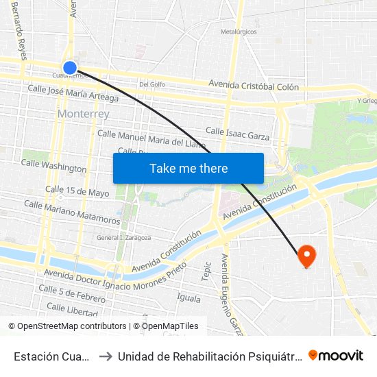 Estación Cuauhtémoc to Unidad de Rehabilitación Psiquiátrica de Monterrey map