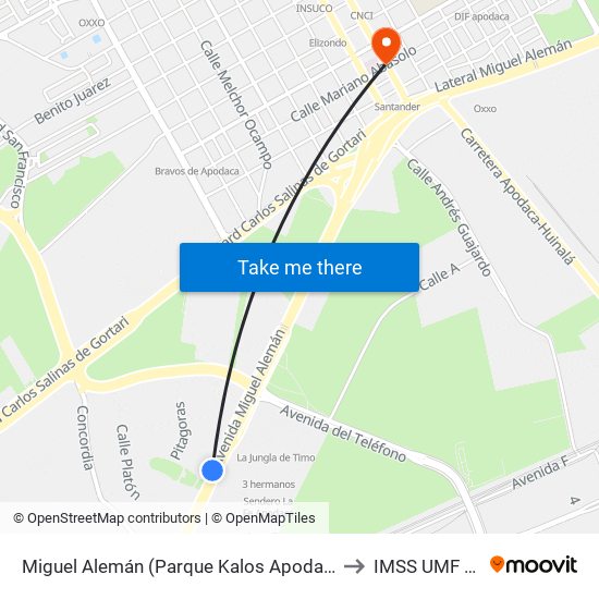 Miguel Alemán (Parque Kalos Apodaca) to IMSS UMF 19 map