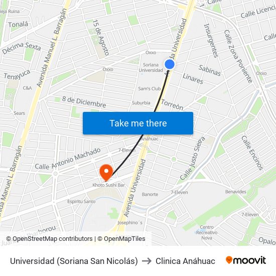 Universidad (Soriana San Nicolás) to Clinica Anáhuac map