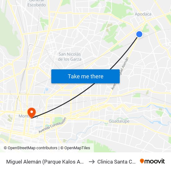Miguel Alemán (Parque Kalos Apodaca) to Clinica Santa Cecilia map
