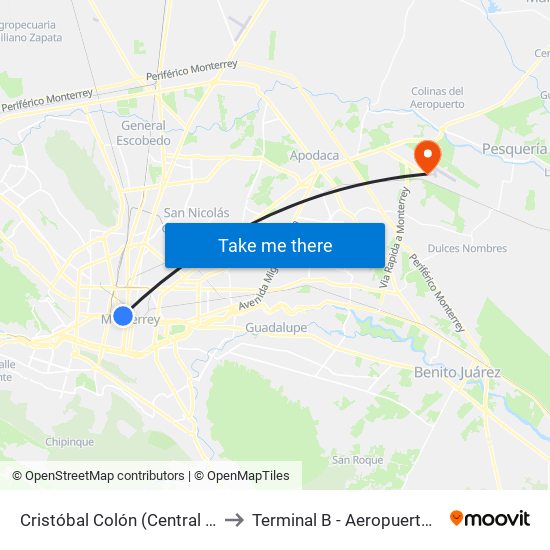 Cristóbal Colón (Central de Autobuses de Monterrey) to Terminal B - Aeropuerto Internacional de Monterrey map