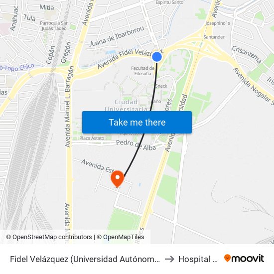 Fidel Velázquez (Universidad Autónoma de Nuevo León) to Hospital Militar map