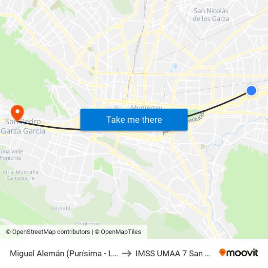 Miguel Alemán (Purísima - La Luz) to IMSS UMAA 7 San Pedro map