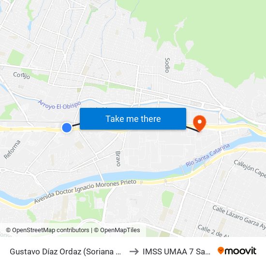 Gustavo Díaz Ordaz (Soriana Diaz Ordaz) to IMSS UMAA 7 San Pedro map
