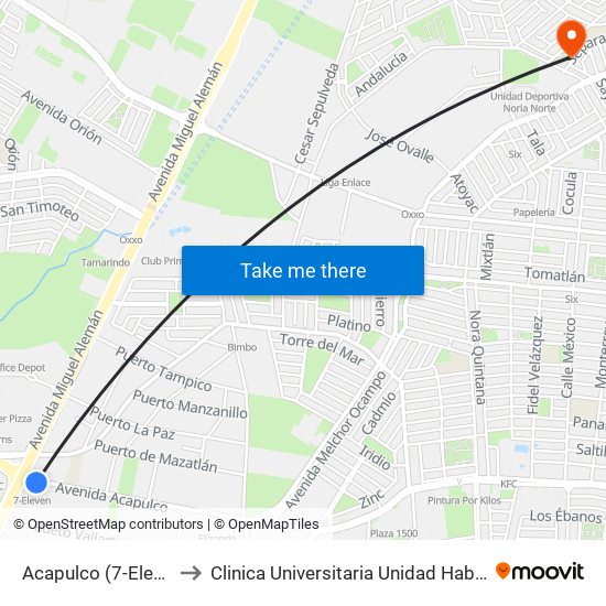 Acapulco (7-Eleven Acapulco) to Clinica Universitaria Unidad Habitacional Independencia map