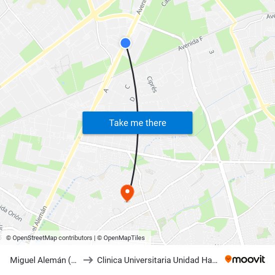 Miguel Alemán (Plaza Sendero) to Clinica Universitaria Unidad Habitacional Independencia map