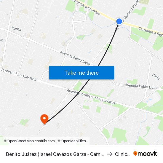 Benito Juárez (Israel Cavazos Garza - Camino Río Escondido) to Clinica 68 map